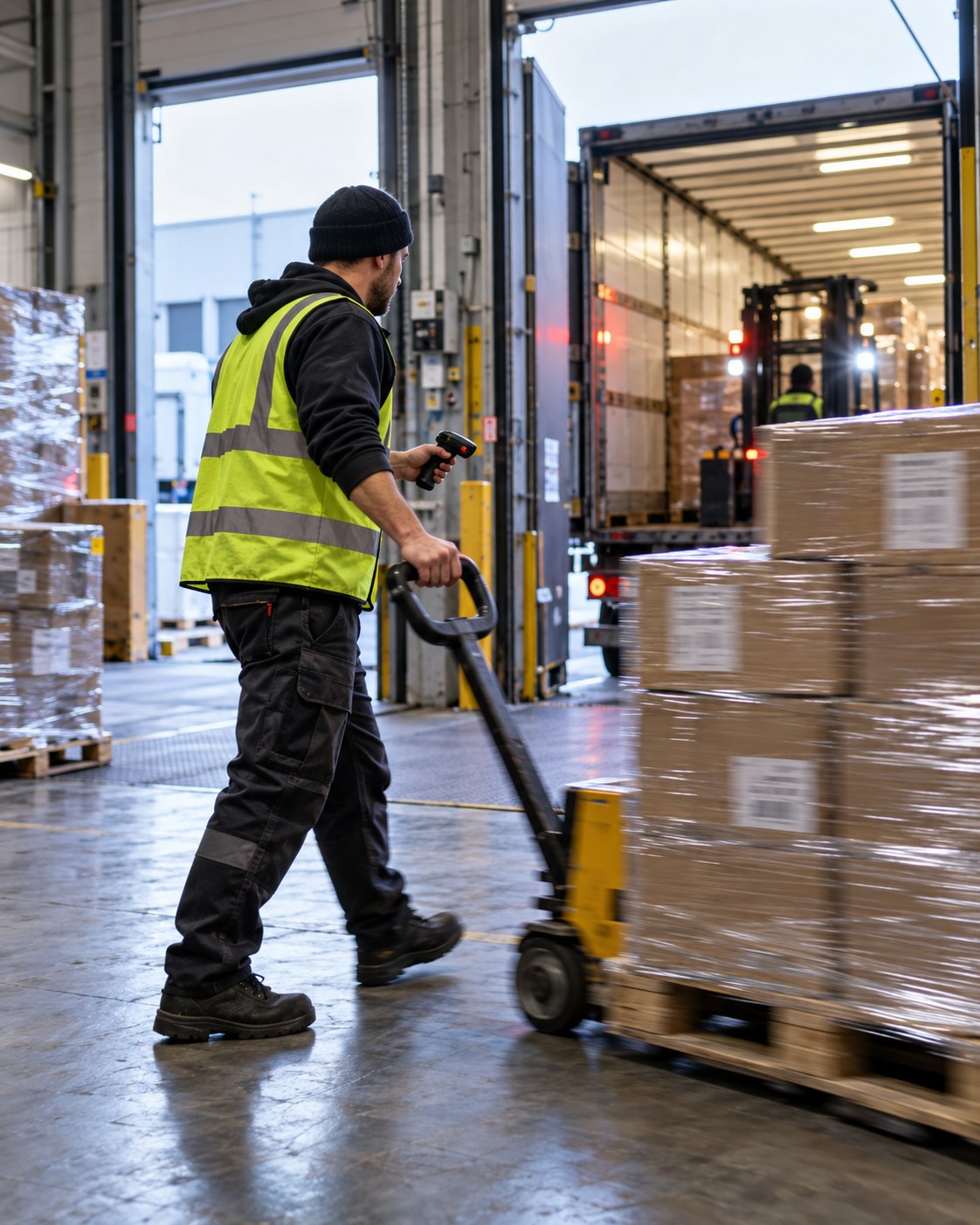Logistics worker moving a pallet at a loading dock