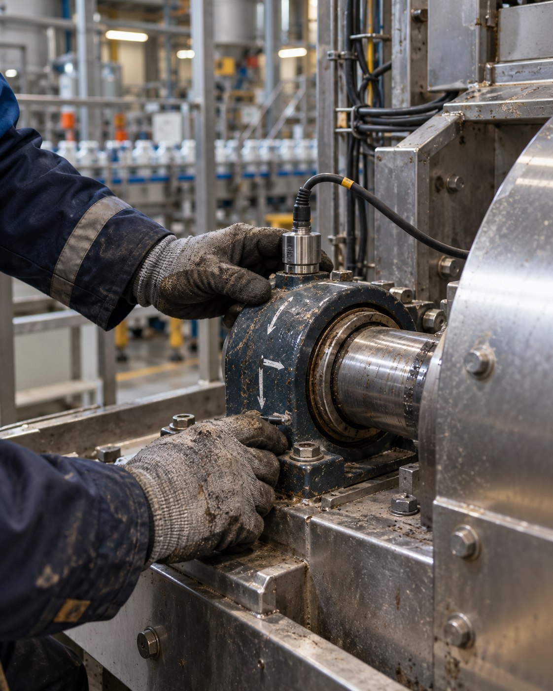 Technician inspecting production equipment