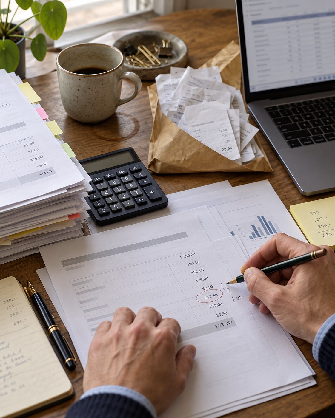 Financial documents, receipts and a reviewed discrepancy on a desk